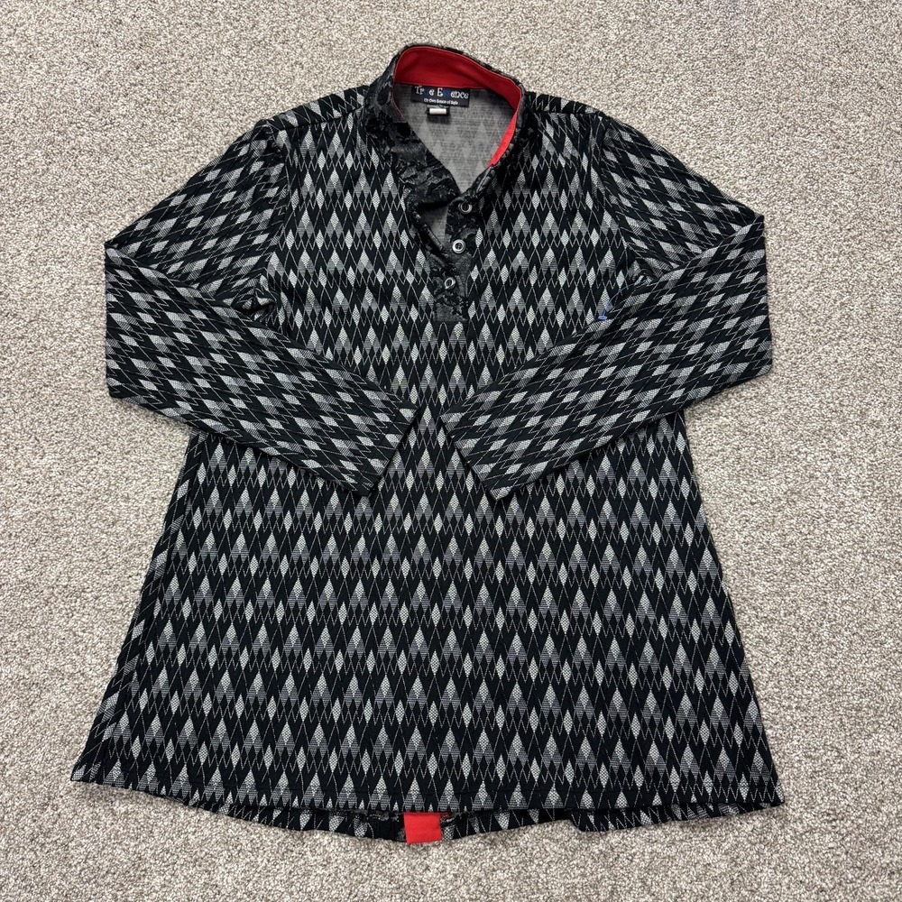Y2K True Essence Shirt Womens M Black Argyle Henley Long Sleeve Tunic Top Casual
